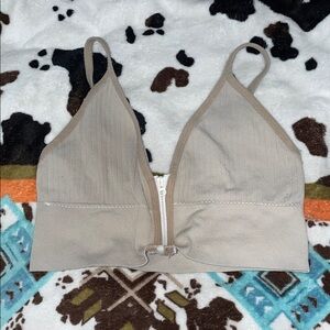 Beige Ribbed Bralette with Front Zipper